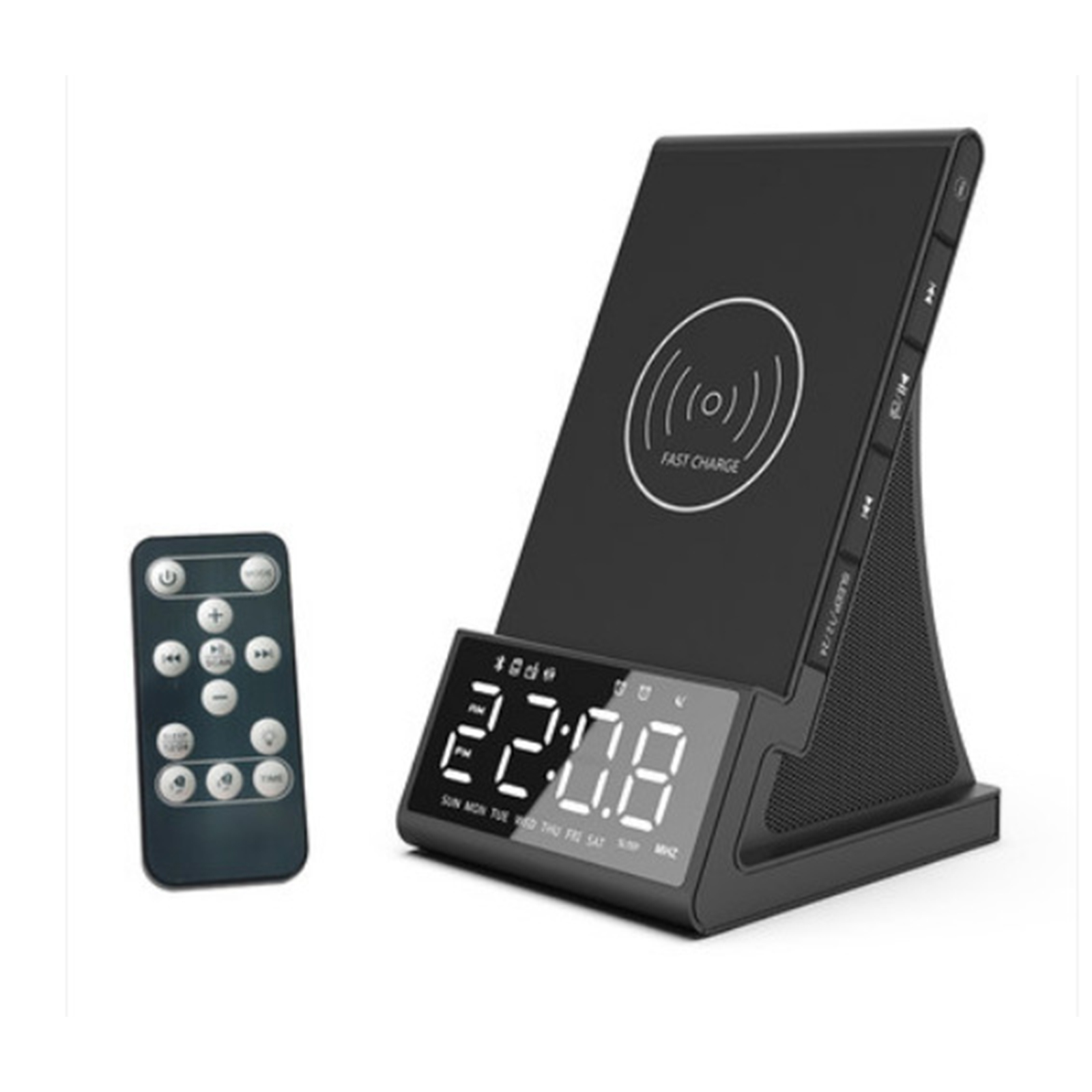 Eine schwarze Ladestation mit einem Telefon und einer Fernbedienung.