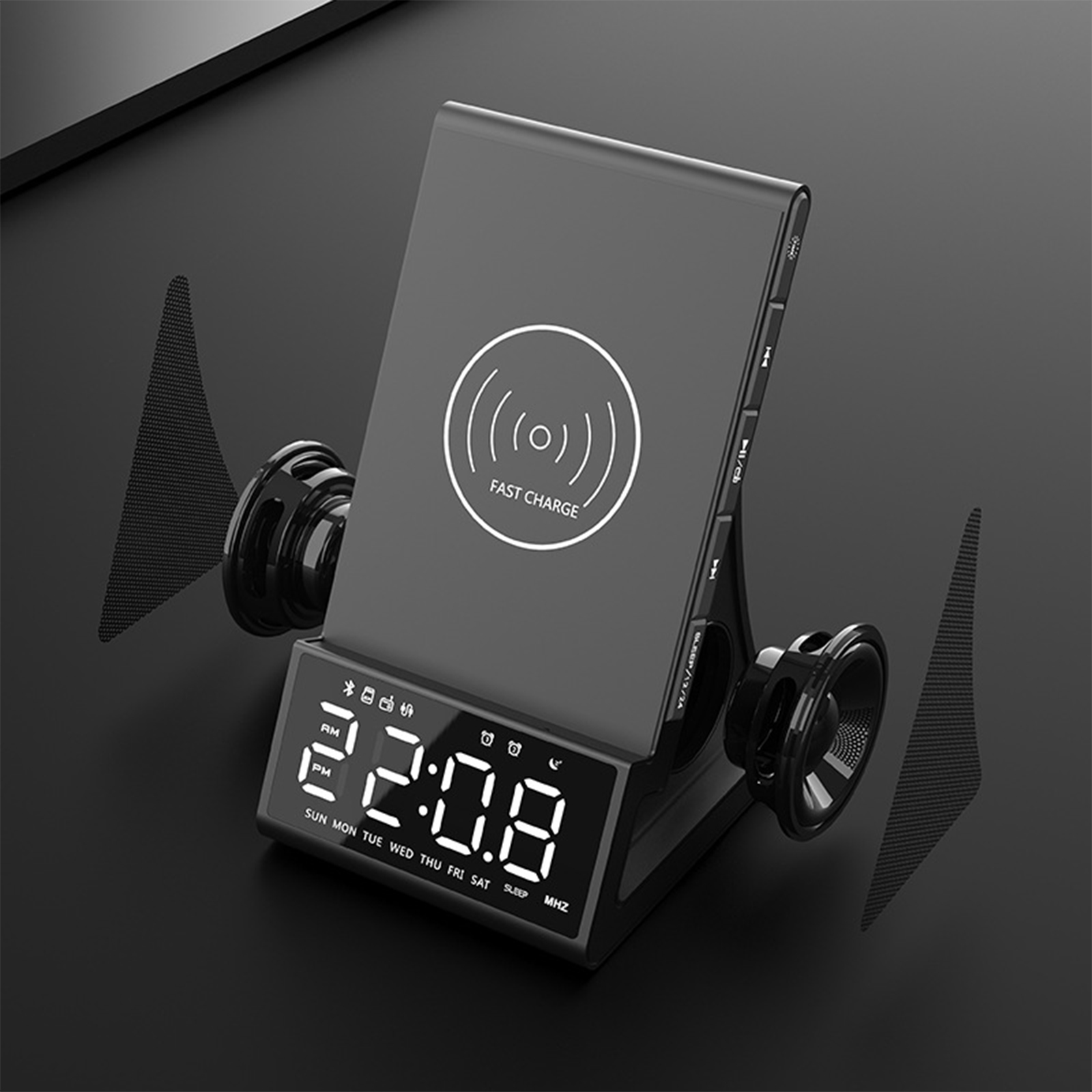 Eine schwarze Ladestation mit einem Telefon. Das Telefon wird aufgeladen.
