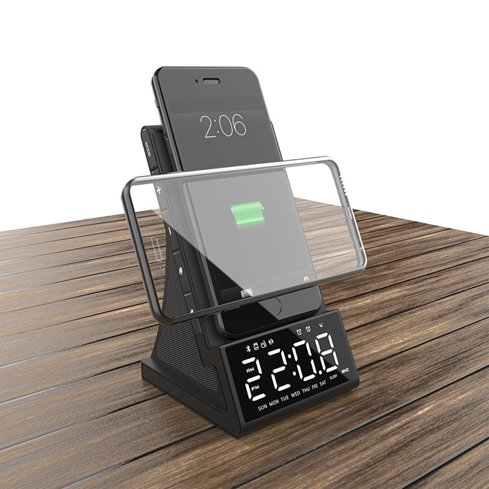Ein Telefon, das an einer Ladestation geladen wird, ein anderes Telefon auf dem Tisch.