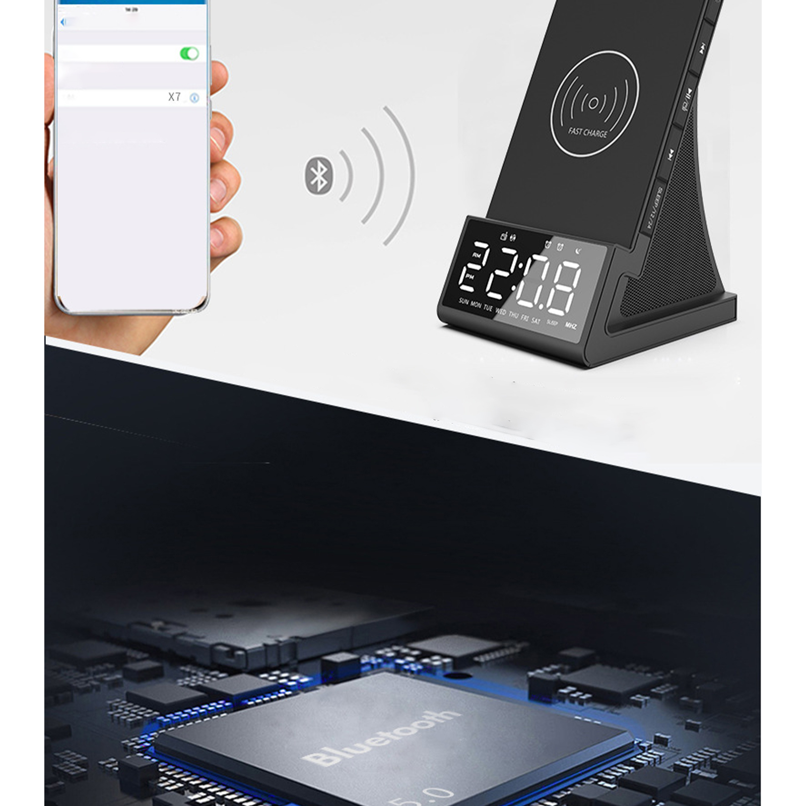Ein Telefonbildschirm, der eine App zeigt, neben einer Ladestation mit Telefon.