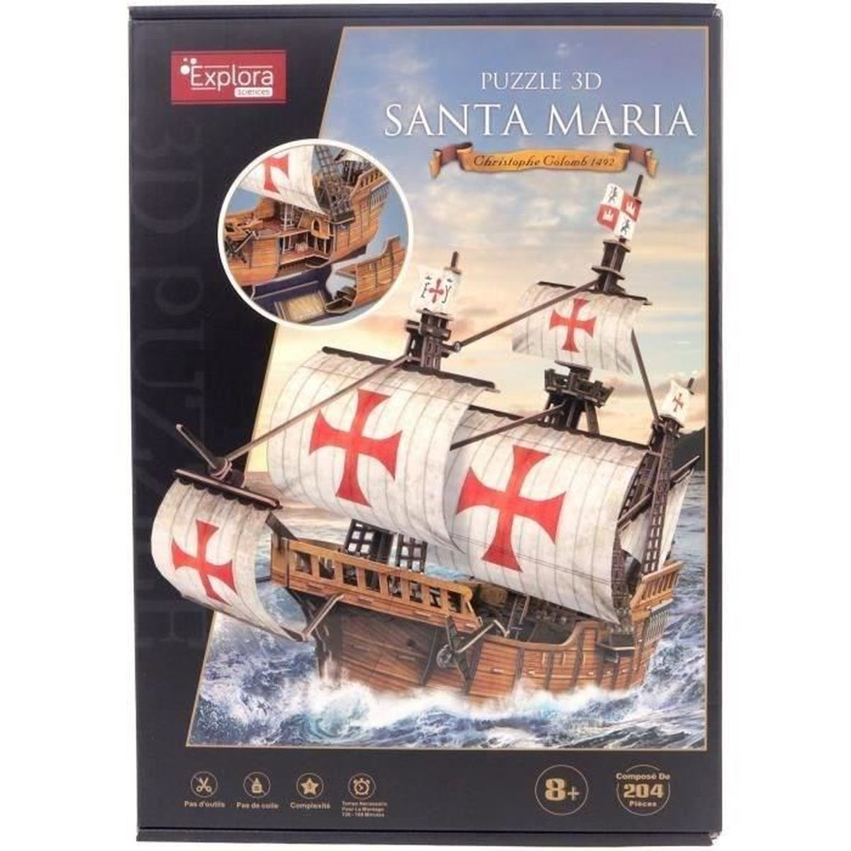 Scatola del puzzle 3D e nave assemblata. La scatola mostra la nave in acqua con vele a croce rossa. Il modello della nave è in legno.