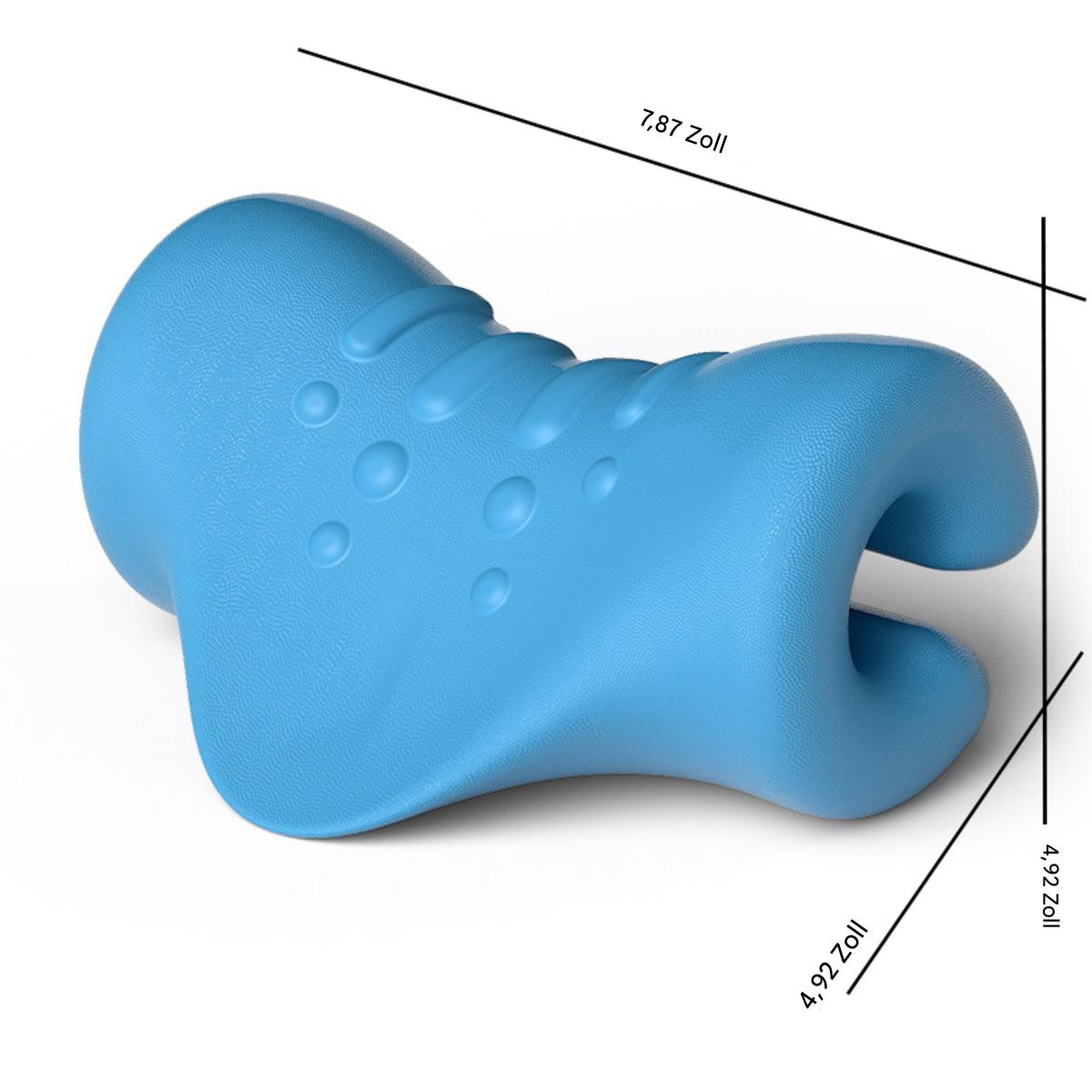 Blaues Nackenkissen mit beschrifteten Abmessungen. Es hat ein geschwungenes Design mit einer zentralen Vertiefung.
