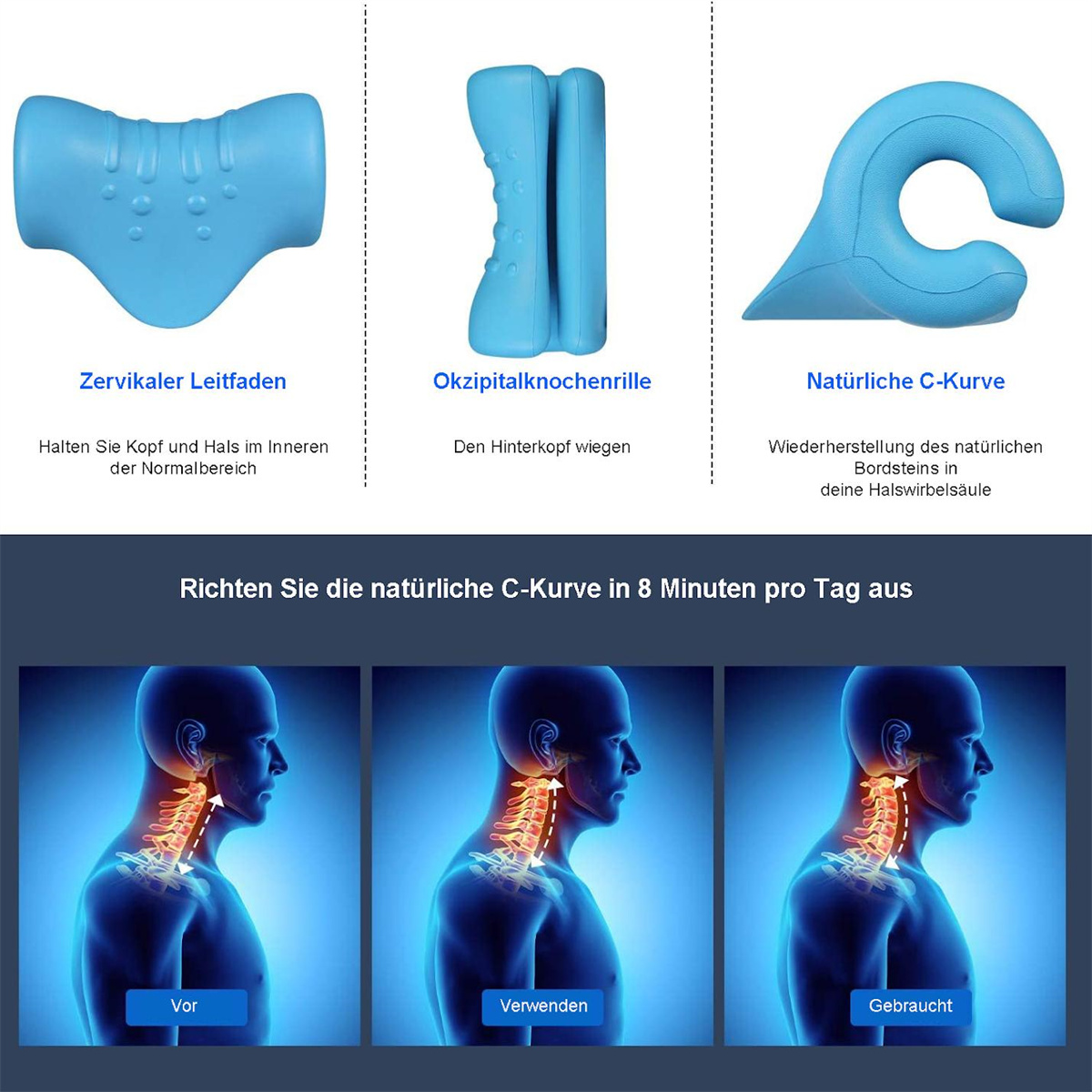 Diagramm zur Korrektur der Nackenhaltung mit einem blauen Nackenkissen. Illustrationen vor, während und nach der Anwendung.