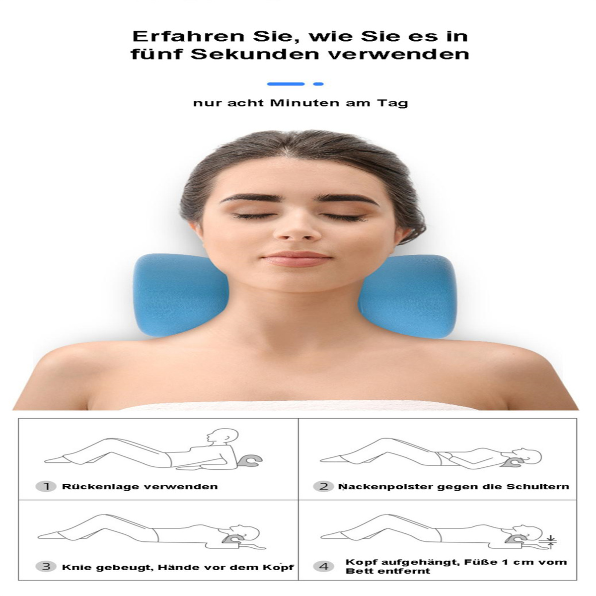 Frau mit blauem Nackenkissen. Vier Schritte zeigen die Anwendung.