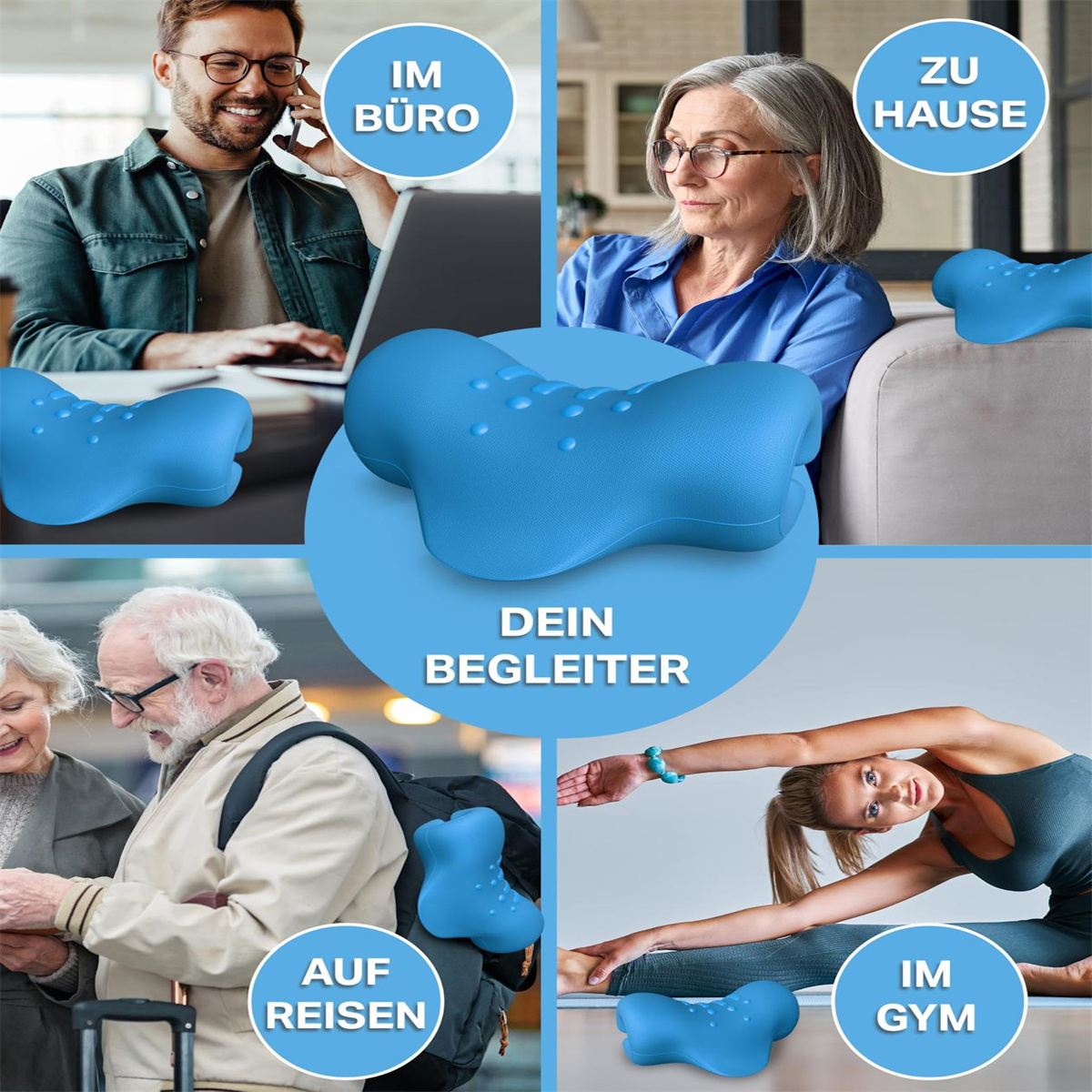 Blaues Nackenkissen in verschiedenen Umgebungen: Büro, Zuhause, Reisen, Fitnessstudio.