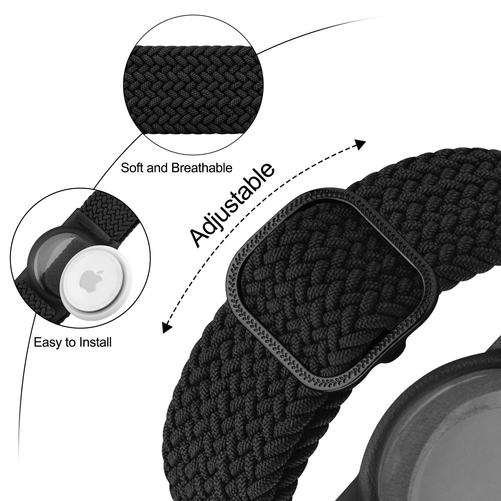 Verstellbares schwarzes geflochtenes Armband mit schwarzer Schnalle und AirTag. Text: 'Weich und atmungsaktiv'.