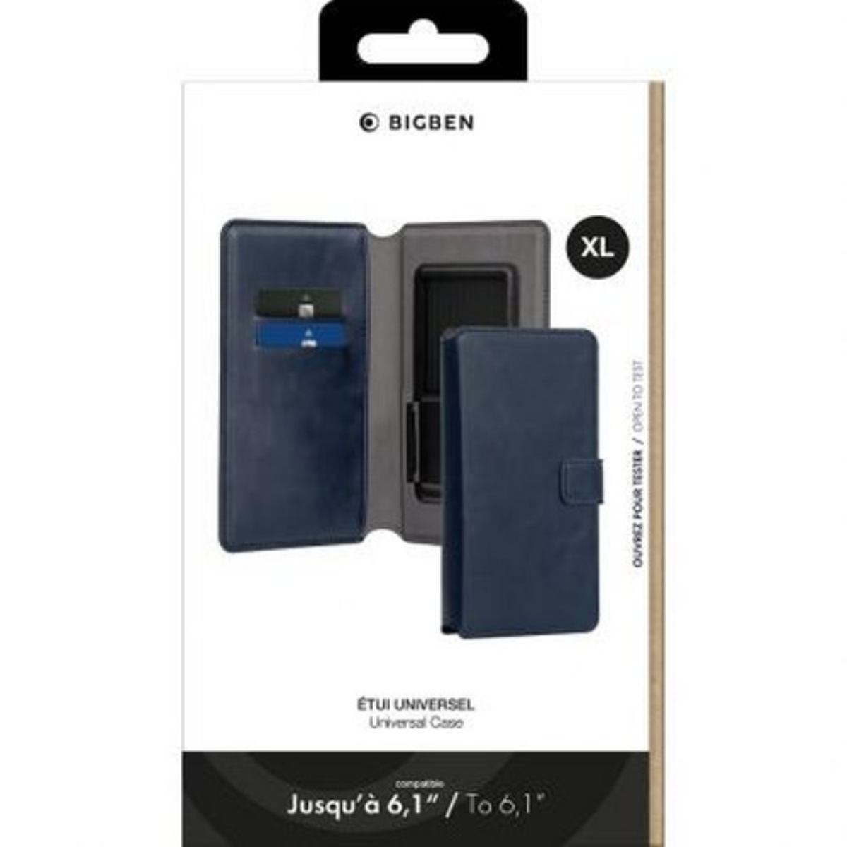 Una custodia per telefono blu navy, aperta per mostrare il telefono e gli slot per schede.