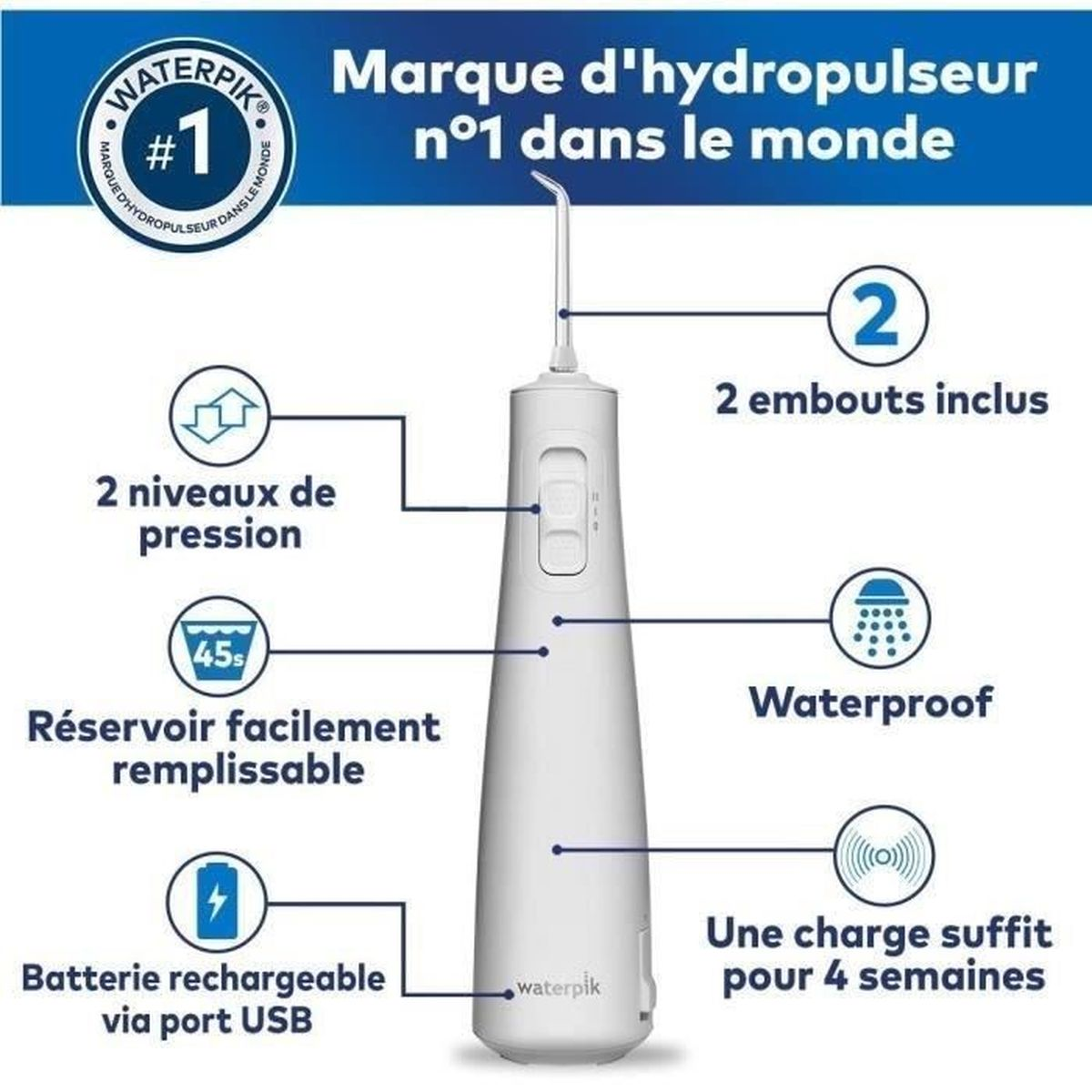 Idropulsore Waterpik con corpo bianco e dettagli blu. Caratteristiche includono impermeabilità, ricarica USB e 2 punte.