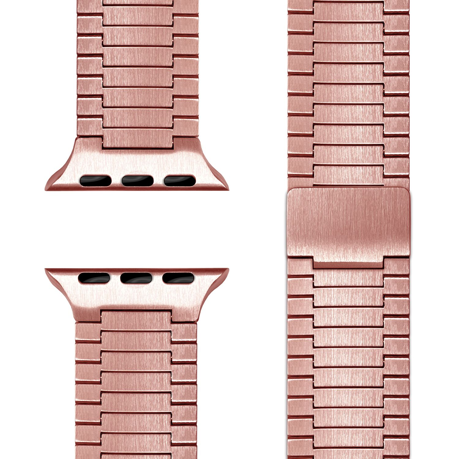Armbanduhr aus Roségold, hergestellt aus verbundenen Metallgliedern. Das Armband hat einen Verschluss.
