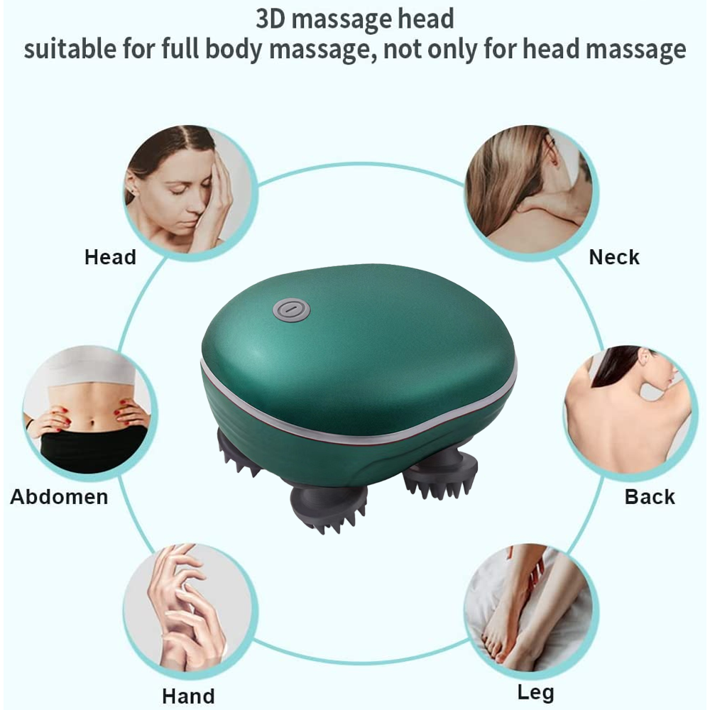 Ein grünes Massagegerät mit sechs beschrifteten Bereichen für Kopf, Nacken, Rücken, Bein, Hand und Bauch.