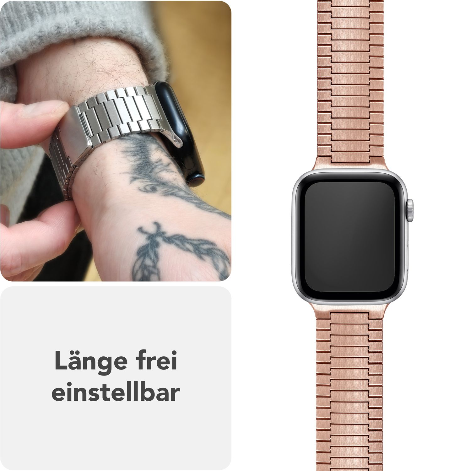 Zwei Bilder eines roségoldenen Uhrenarmbands, eines am Handgelenk und eines an einer schwarzen Uhr befestigt.
