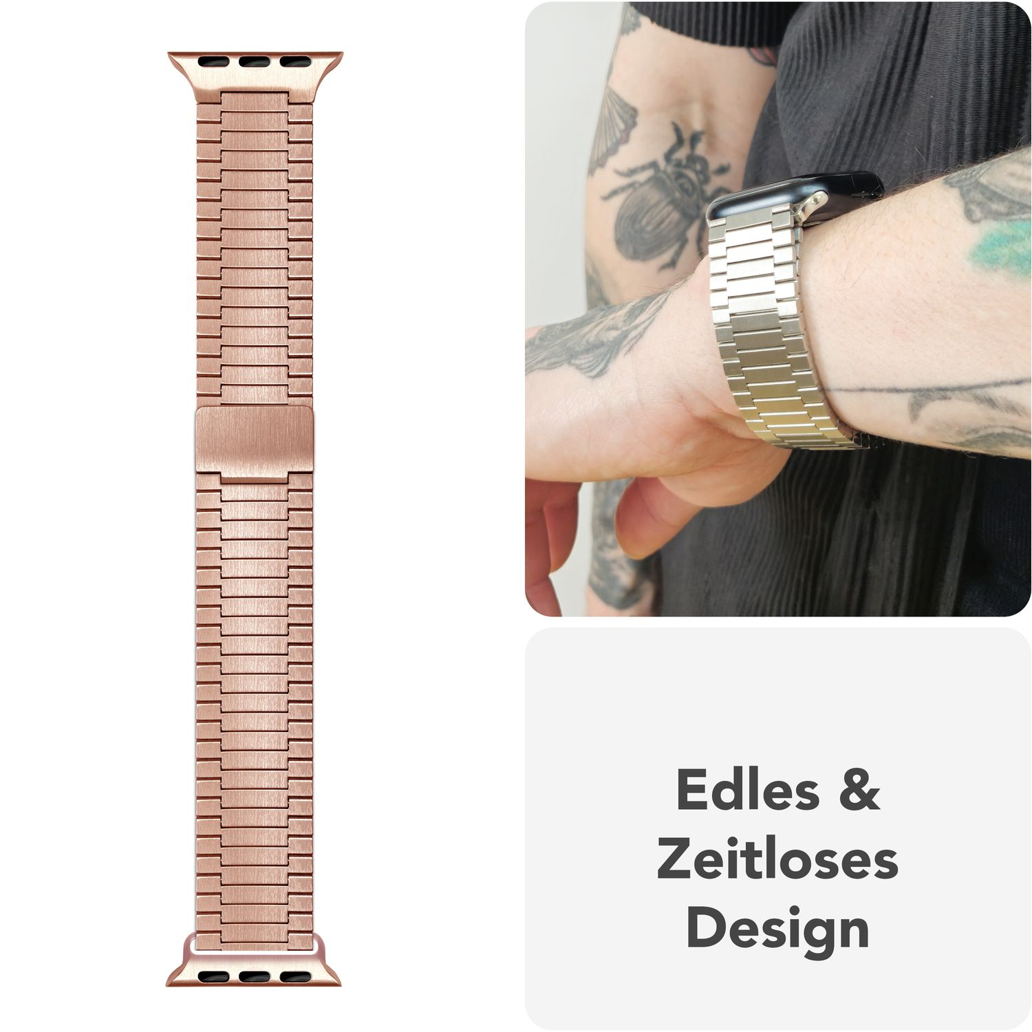 Zwei Bilder eines roségoldenen Uhrenarmbands, eines am Handgelenk mit Tätowierungen und eines flach auf einer Oberfläche.