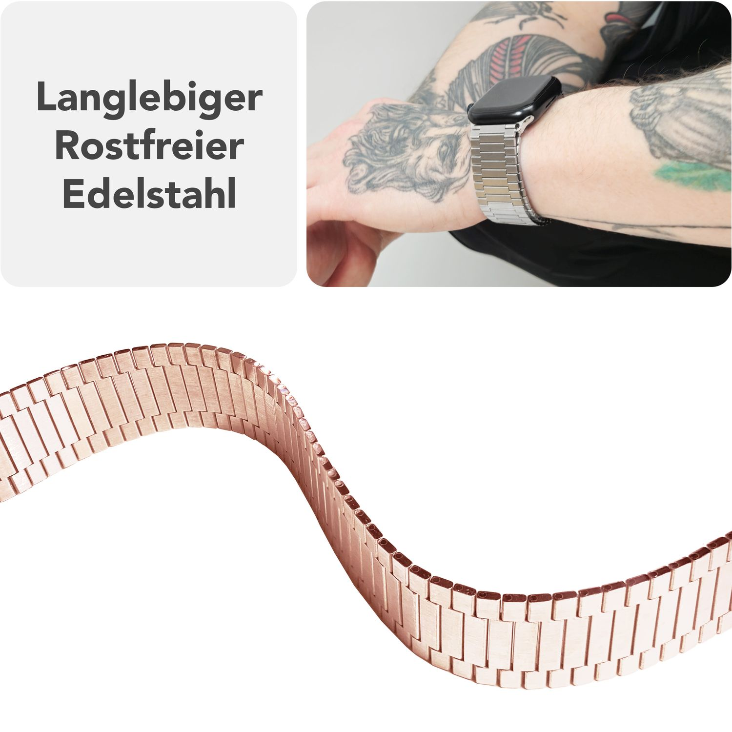 Eine Uhr mit Metallband und Tattoo am Arm, plus roségoldenes Band.
