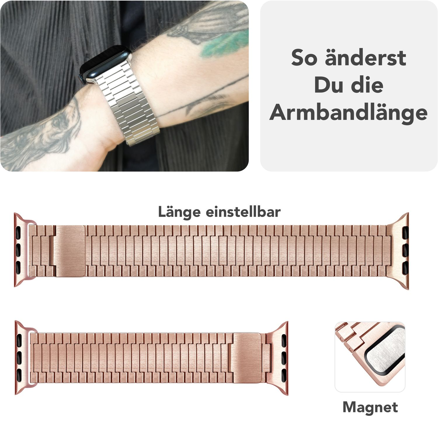 Roségoldene Uhrenarmbänder, eines am Handgelenk und zwei flach, die Verstellbarkeit und einen Magnetverschluss zeigen.
