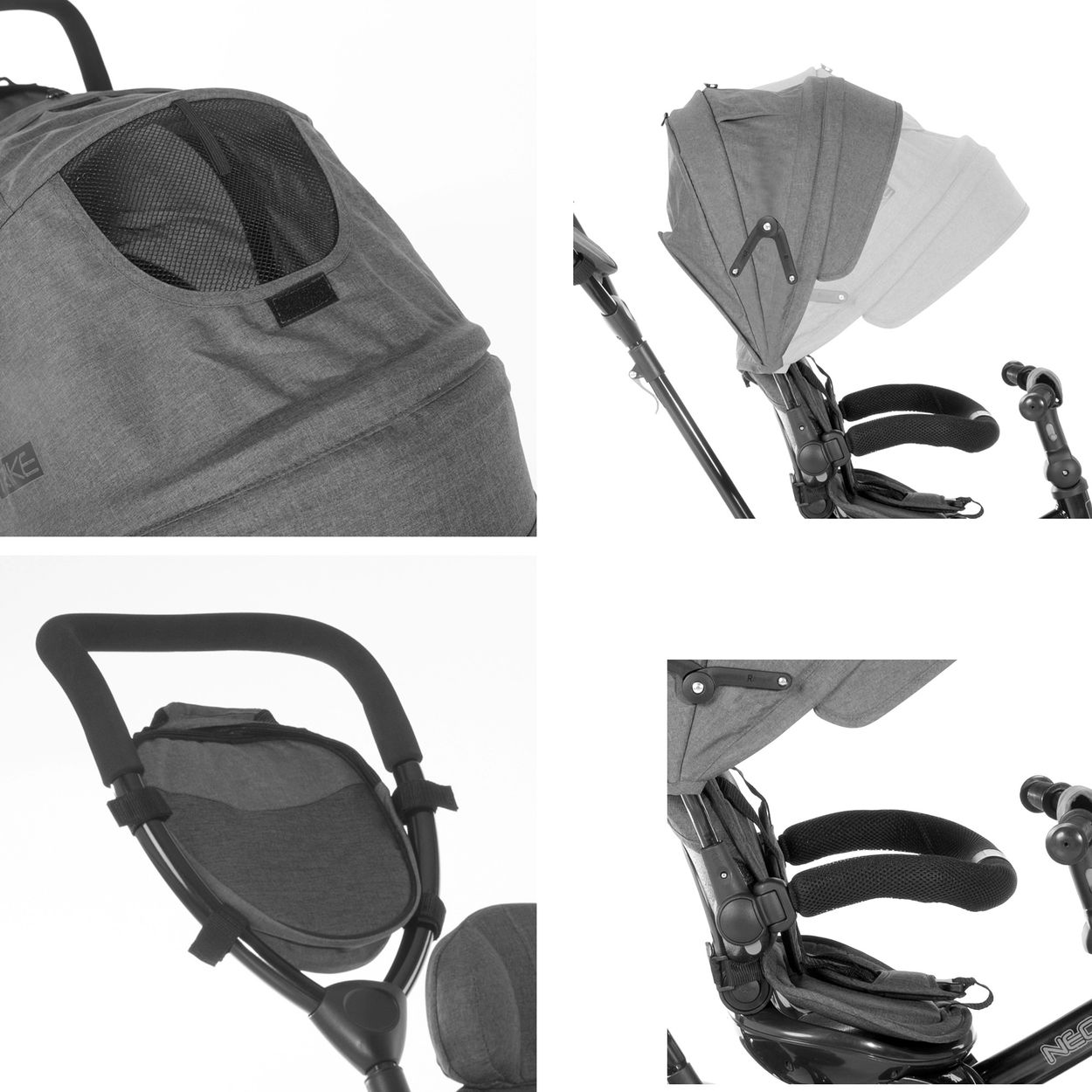 Nahaufnahmen eines grauen Kinderwagens mit Verdeck und Griff.