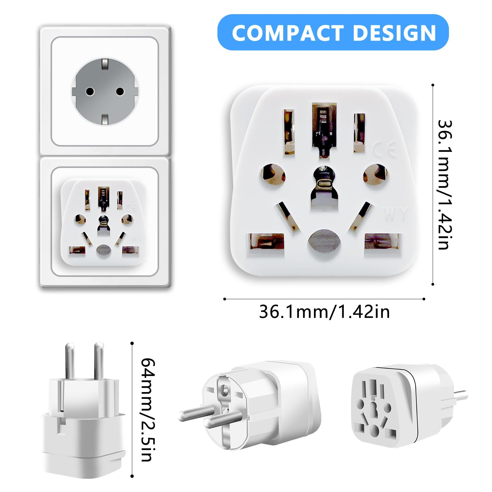 Weißer Reiseadapter mit verschiedenen Steckertypen, mit Abmessungen. Text: Kompaktes Design.