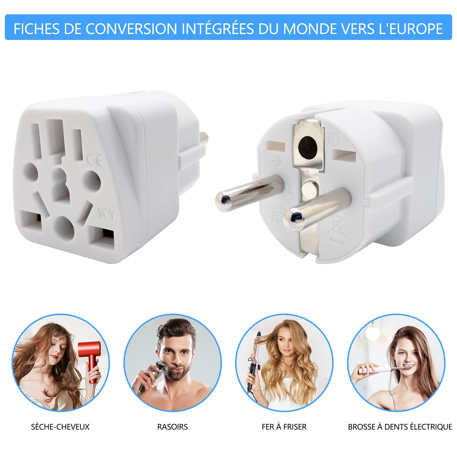 Zwei weiße Reiseadapter mit Bildern von Haarstyling-Werkzeugen und Personen, die sie benutzen.
