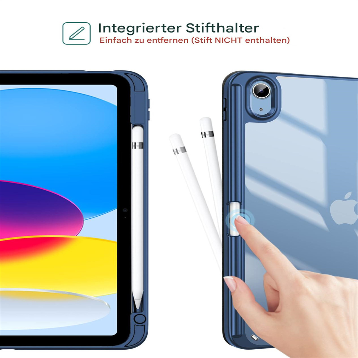 Nahaufnahme einer blauen iPad-Hülle. Sie zeigt einen Stifthalter und eine Hand, die einen Knopf drückt.