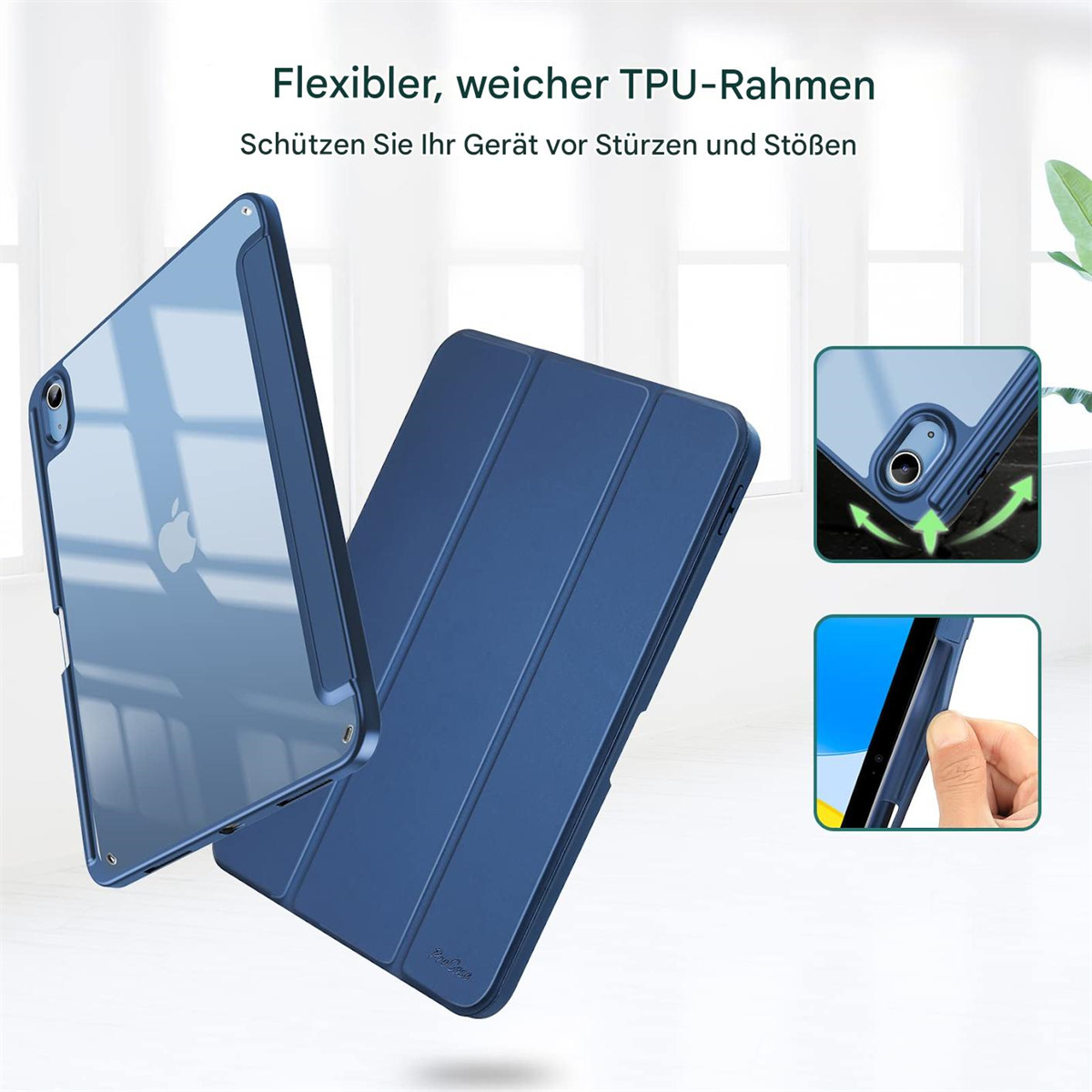 Blaue iPad-Hülle, offen und geschlossen. Text: Flexibler, weicher TPU-Rahmen. Schützen Sie Ihr Gerät vor Stürzen.