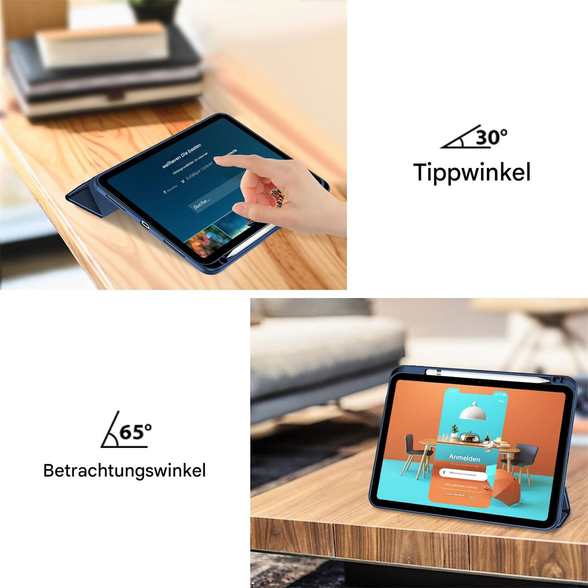 Ein iPad in einer Hülle auf einem Holztisch, mit Diagrammen, die Betrachtungswinkel zeigen. Die Hülle ist blau.