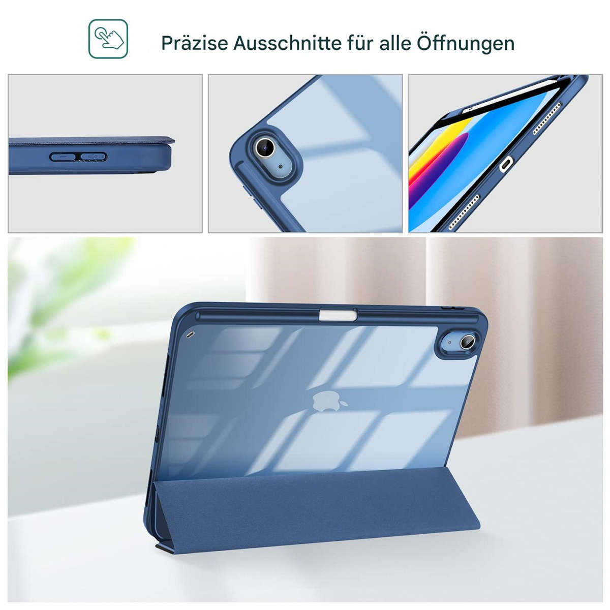 Blaue iPad-Hülle, geöffnet und zeigt das iPad. Detaillierte Ansichten der Hülle und des iPads.
