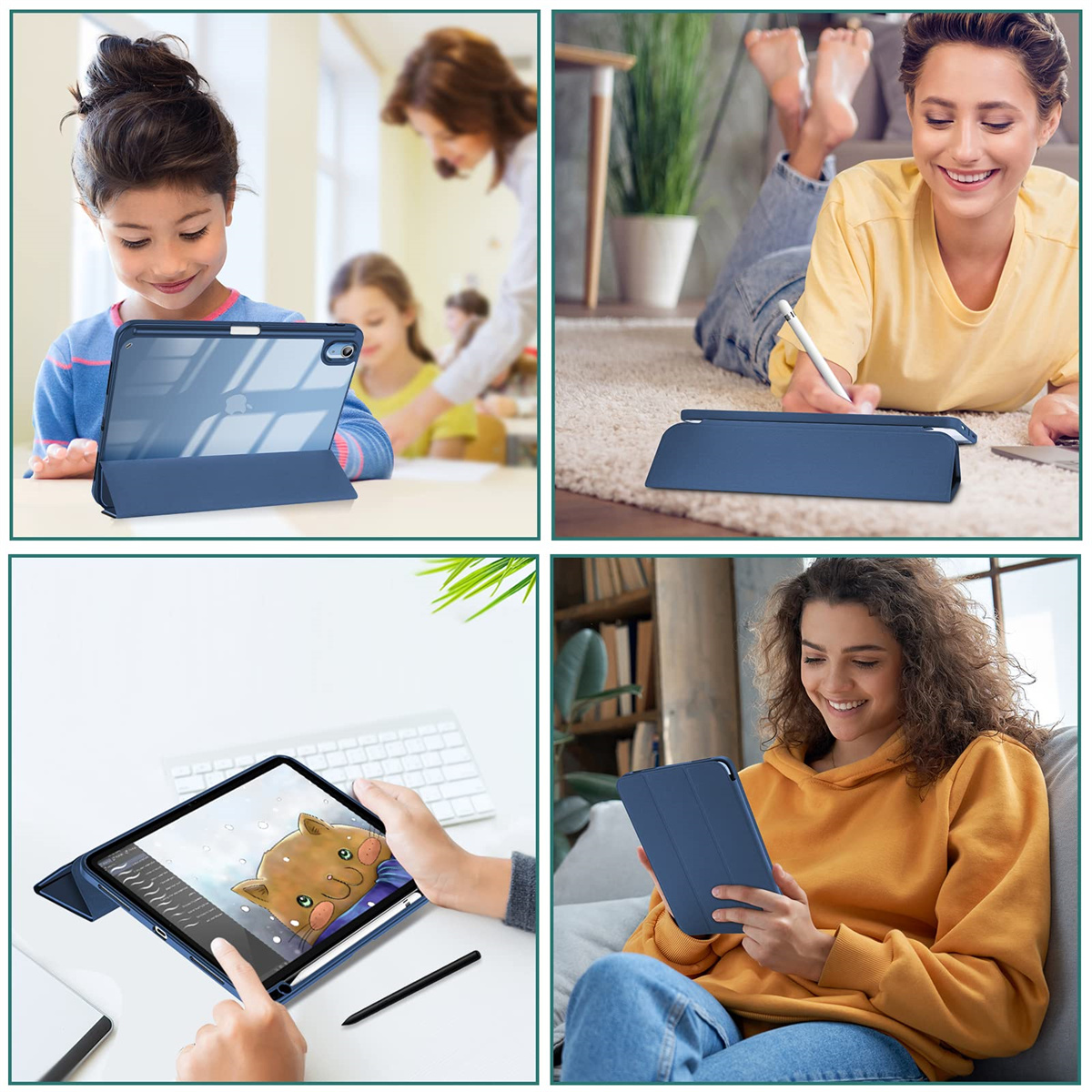 Vier Fotos von Personen, die eine blaue iPad-Hülle verwenden. Mädchen, Frauen und ein Mann, der das iPad mit der Hülle benutzt.