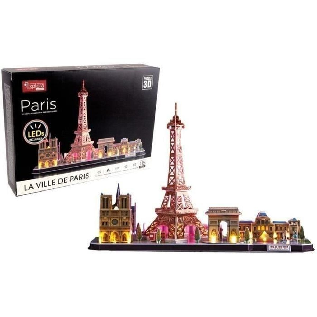 Ein 3D-Paris-Puzzle mit Eiffelturm, Notre Dame und Arc de Triomphe, mit Box.