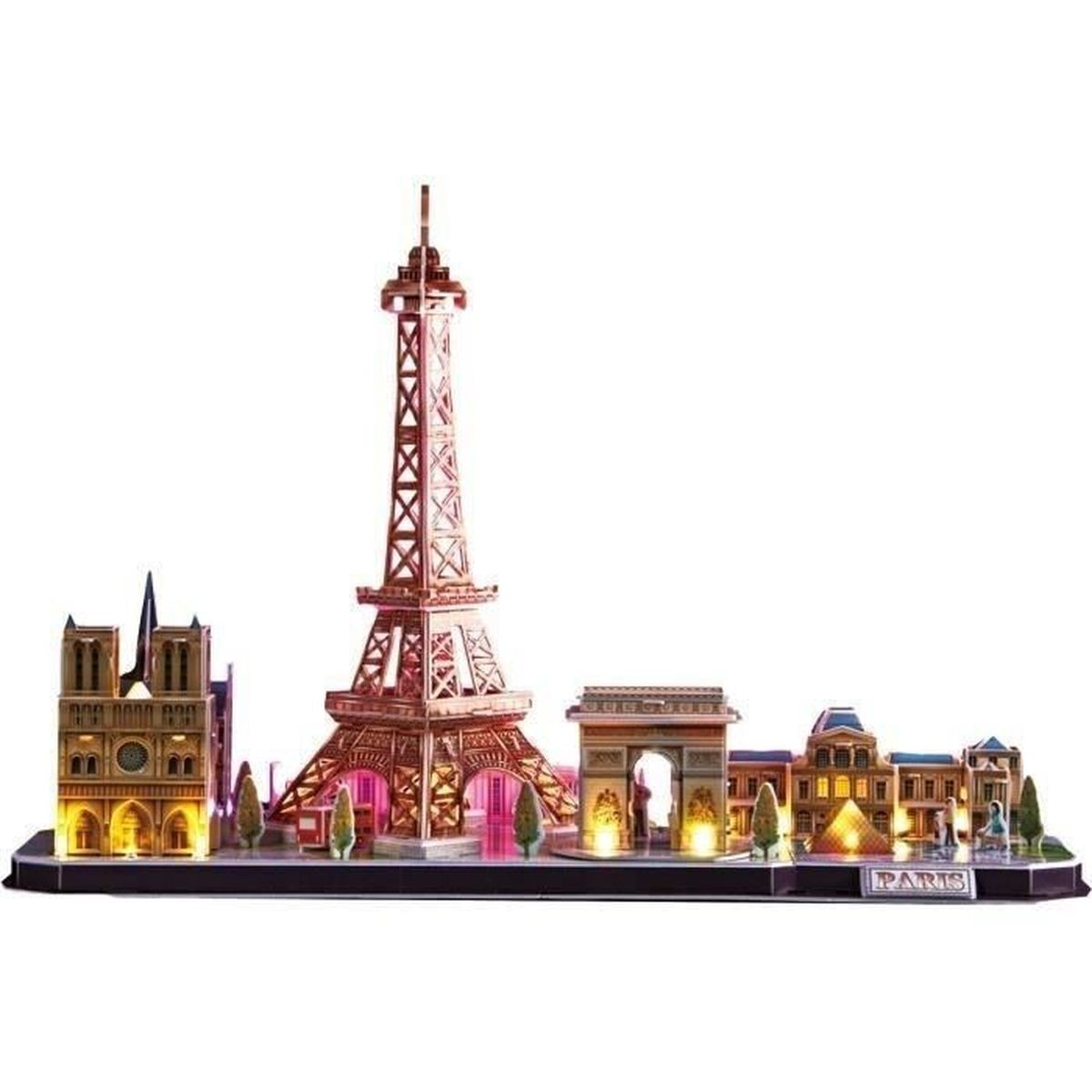 Ein 3D-Puzzle von Pariser Wahrzeichen, einschließlich Eiffelturm, Notre Dame und Arc de Triomphe.