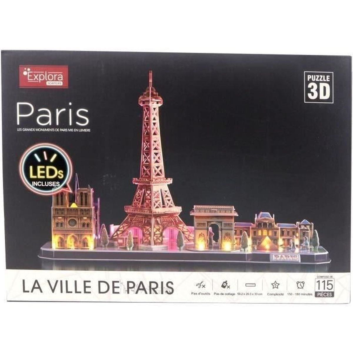3D-Puzzelbox mit Pariser Wahrzeichen mit Lichtern. Beinhaltet Eiffelturm, Notre Dame und Arc de Triomphe.