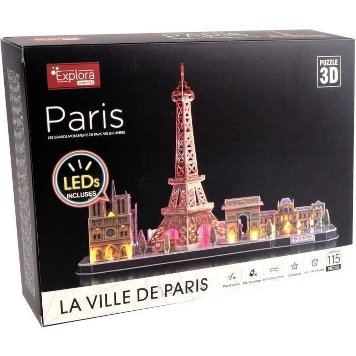 3D-Puzzle-Box mit Pariser Wahrzeichen und LEDs. Eiffelturm, Notre Dame und Arc de Triomphe.