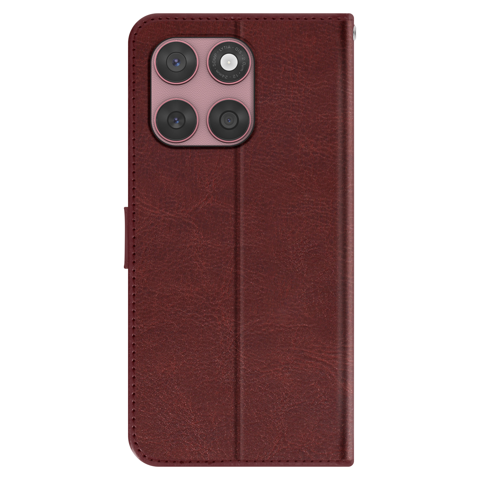 Una custodia per telefono in pelle bordeaux aperta, che mostra il retro di un telefono con più fotocamere.