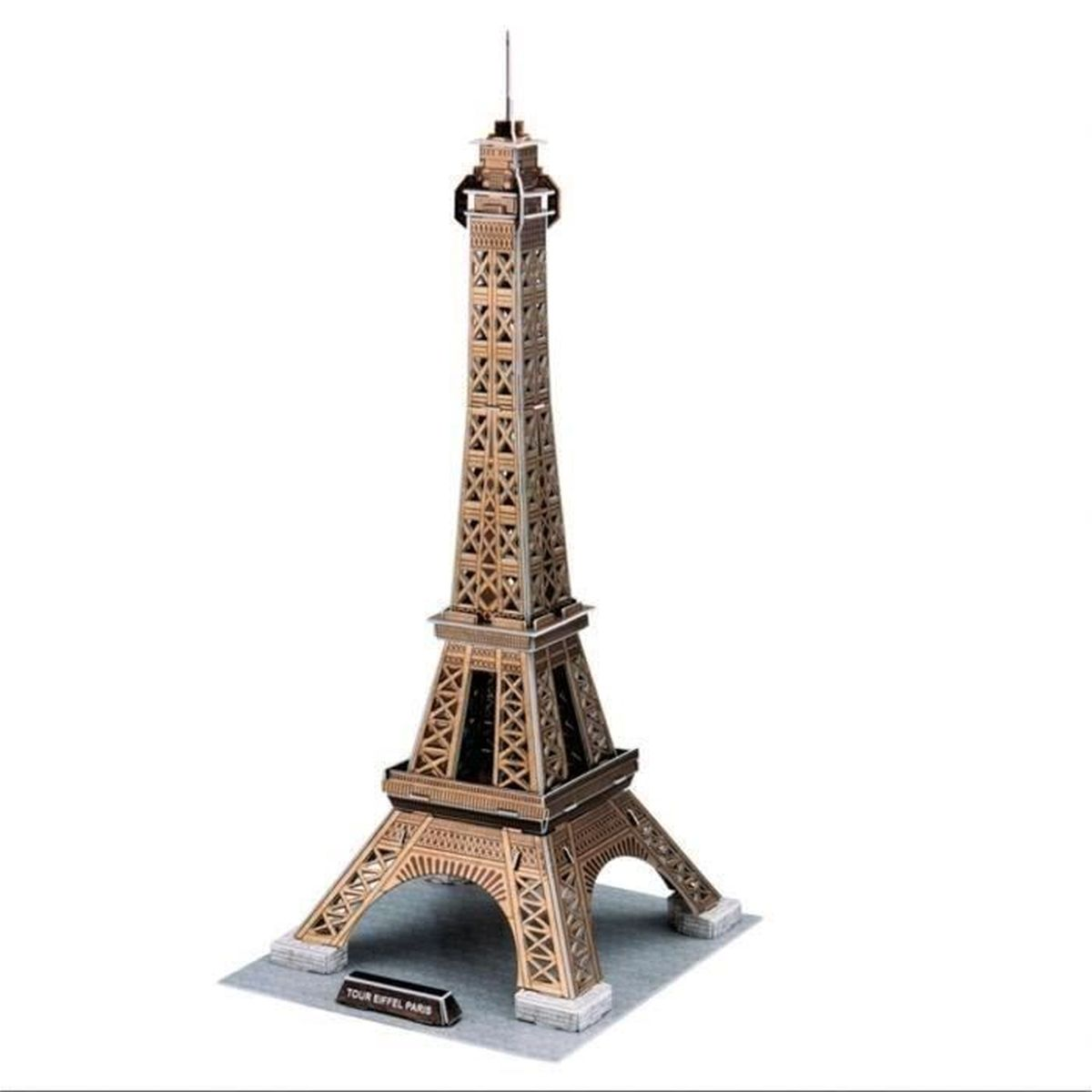 Un modello indipendente della Torre Eiffel su una base grigia.