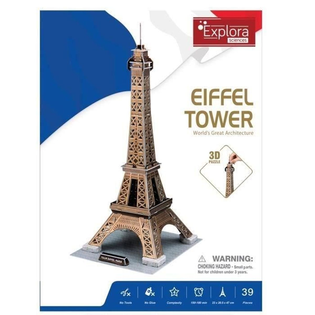 Puzzle 3D della Torre Eiffel su un poster, con sfondo blu.