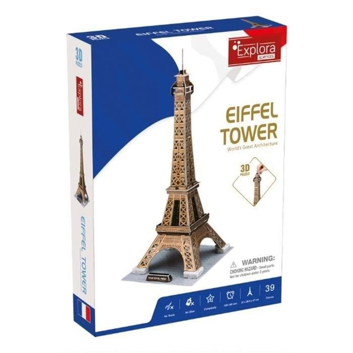 Un puzzle 3D della Torre Eiffel con la sua scatola, che mostra la torre assemblata.