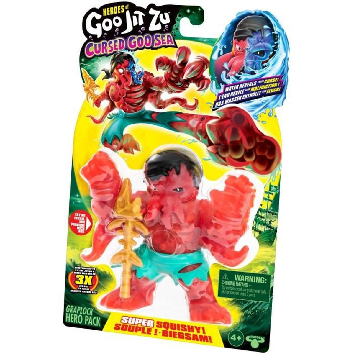 Spielzeug-Actionfigur in einer Plastikverpackung. Das Spielzeug ist rot mit blauen Akzenten.