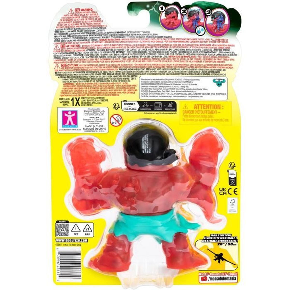 Actionfigur in Blisterverpackung. Rote Figur, schwarzer Hut, grüne Shorts.