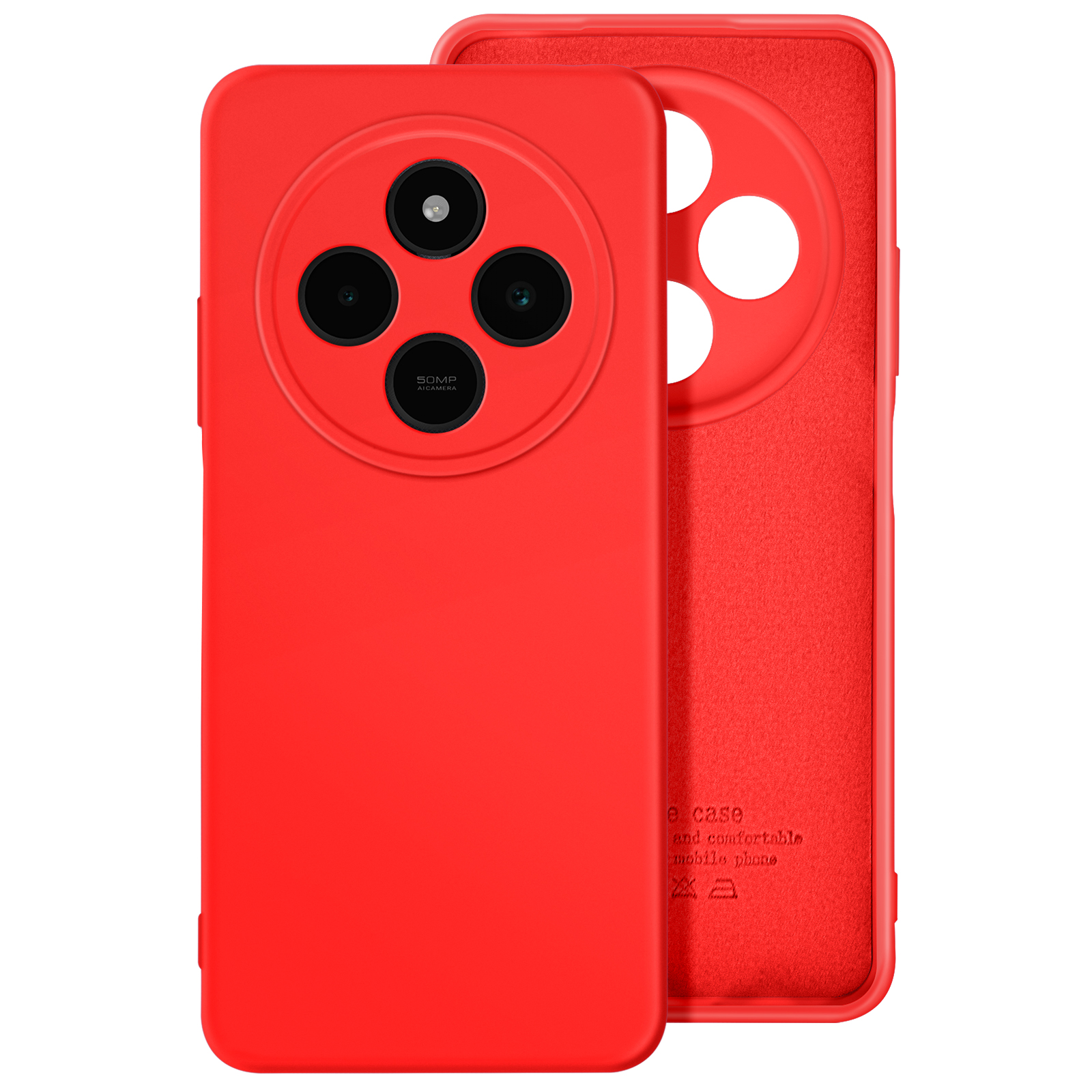 Custodia rossa per telefono con tre lenti della fotocamera, una con testo 50MP.