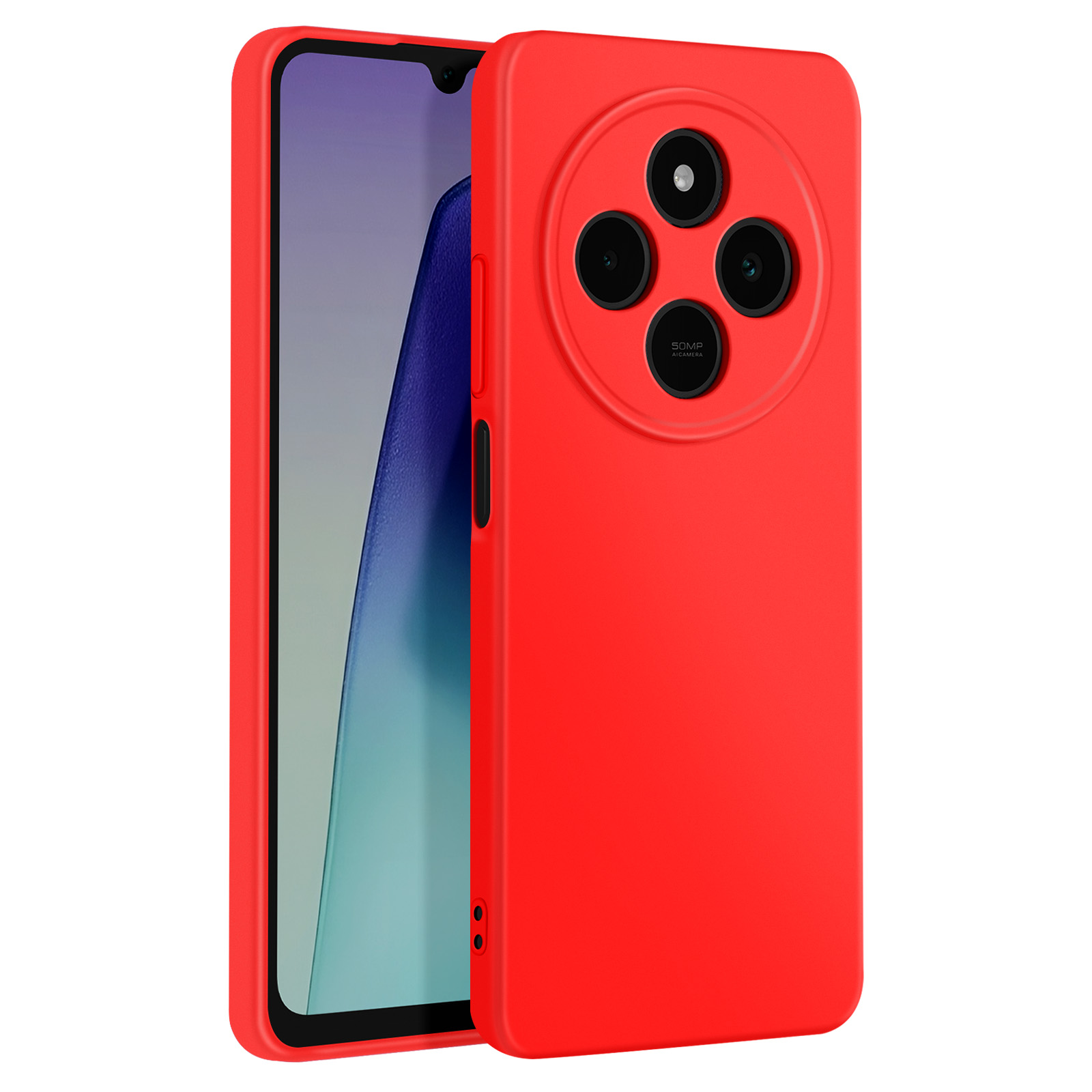 Custodia rossa per telefono. Il telefono ha un modulo fotocamera circolare.