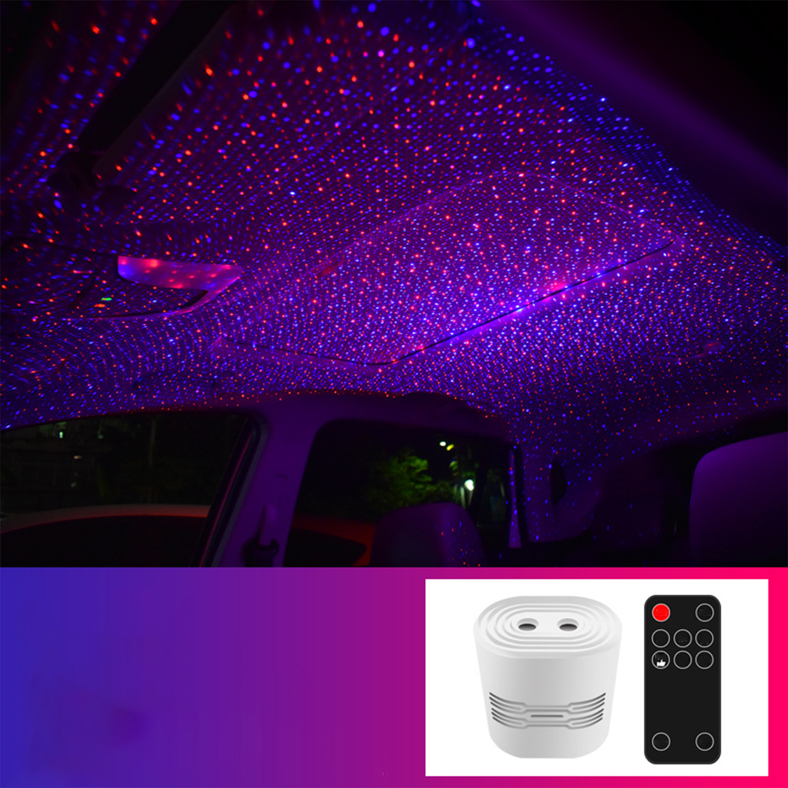 Autodecke mit Sternenlichtprojektor und Fernbedienung.