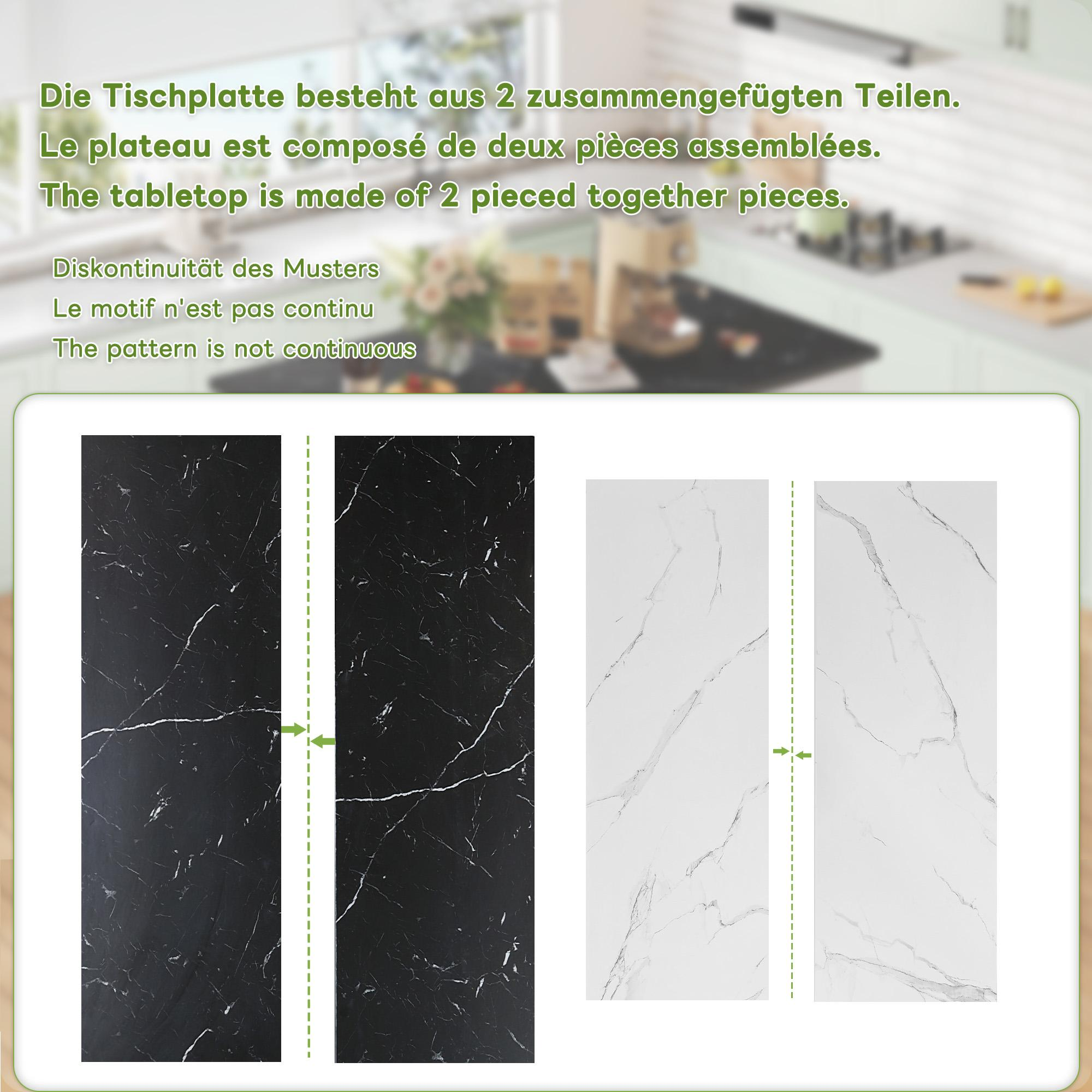 Ein geteiltes Bild zeigt eine schwarze und weiße Marmor-Arbeitsplatte, mit Informationen über die Zusammensetzung.