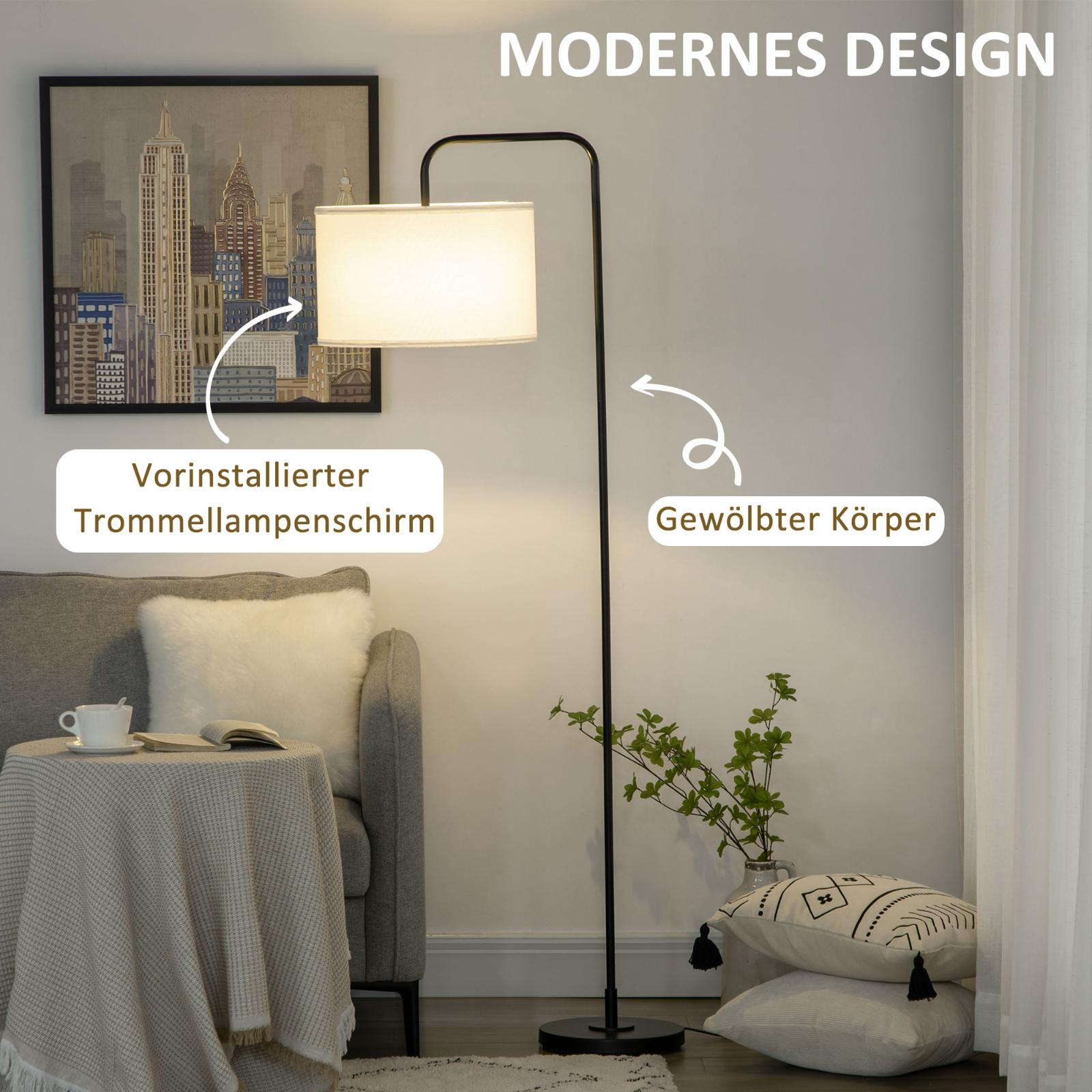 Eine Stehlampe beleuchtet einen Raum mit Sofa und Dekor. Textbeschriftungen weisen auf die Funktionen hin.