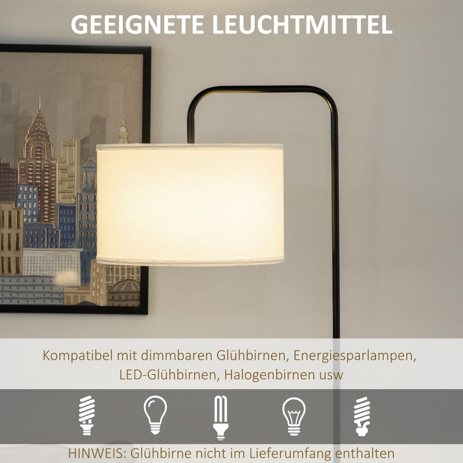 Eine Stehlampe mit Lampenschirm und einem Bild an der Wand dahinter.