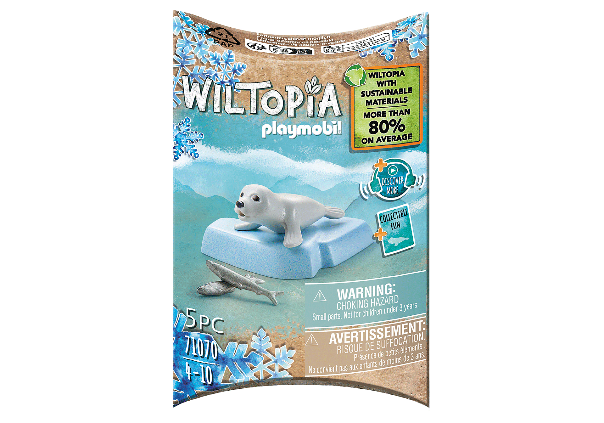 A toy package with a seal on an iceberg and two toy fish.