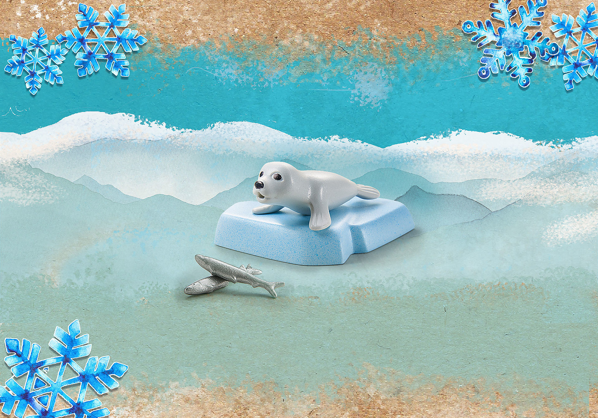 A toy seal on an ice floe with two fish, set against a winter-themed background with snowflakes.