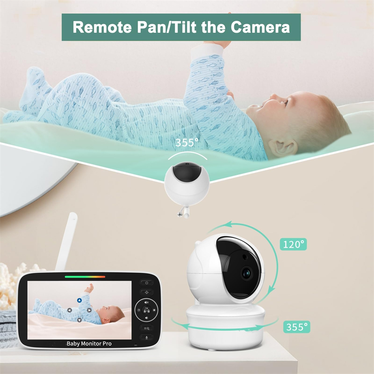 Babyphone zeigt Baby und Kamera. Baby auch auf dem Bildschirm.