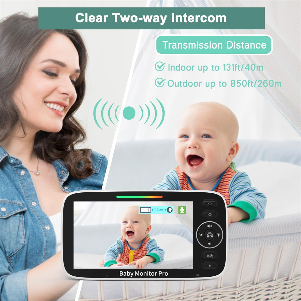 Babyphone zeigt Baby und Mutter. Text sagt Clear Two-way Intercom.
