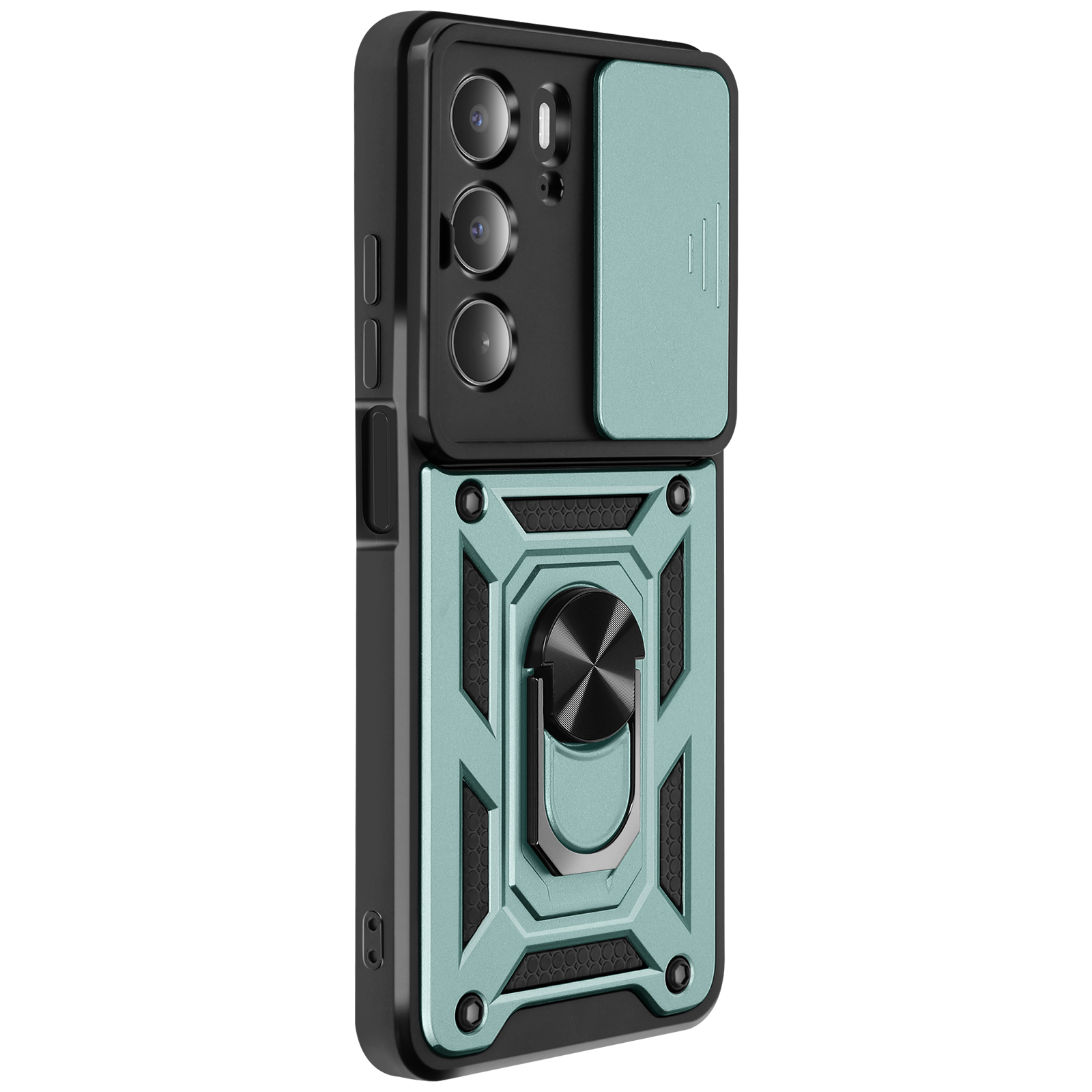 Custodia per telefono con copertura verde e anello. Telefono tenuto in mano.