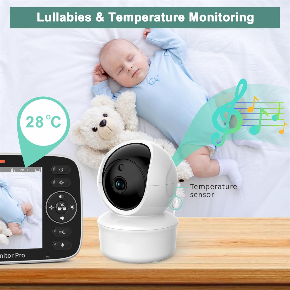 Babyphone zeigt schlafendes Baby mit Teddybär. Text sagt Schlaflieder.