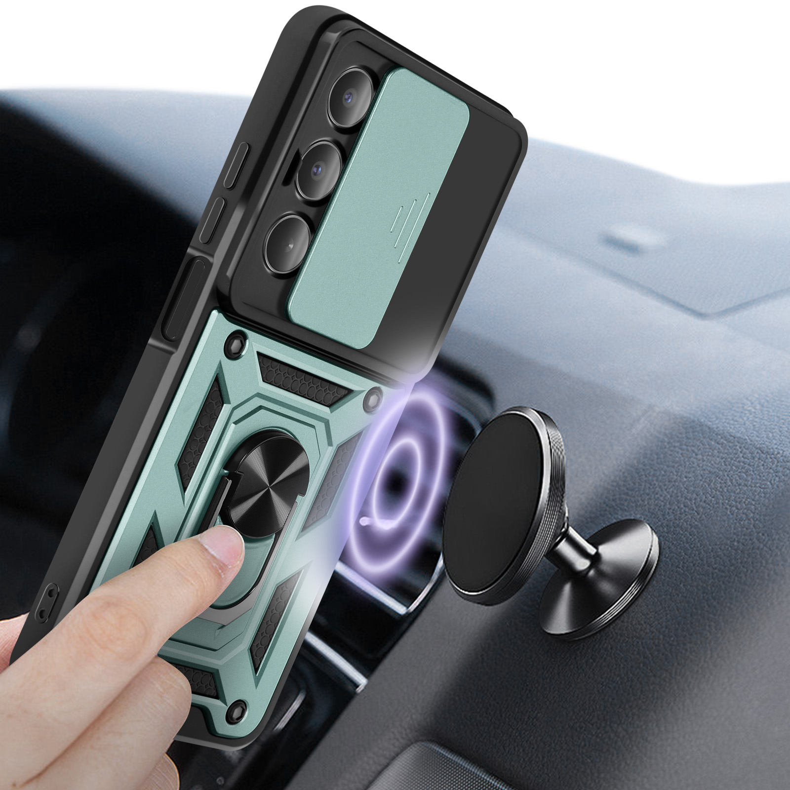 Mano che usa il supporto ad anello della custodia del telefono per attaccarsi a un supporto magnetico per auto.
