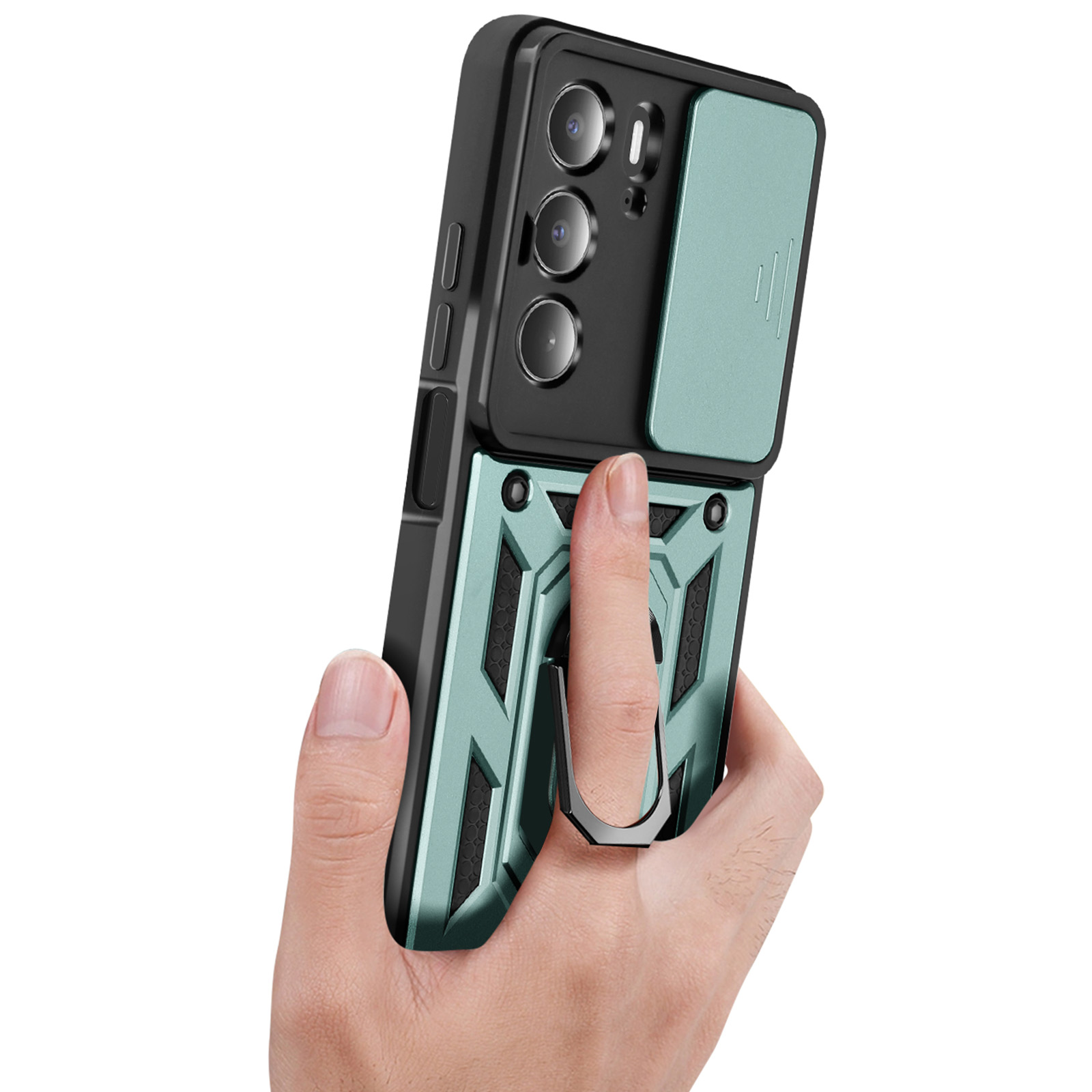 Mano che tiene un telefono con custodia verde. La custodia ha copertura fotocamera e anello.